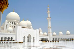 looking at Abu Dhabi's Sheikh Zayed Grand Mosque from the courtyard