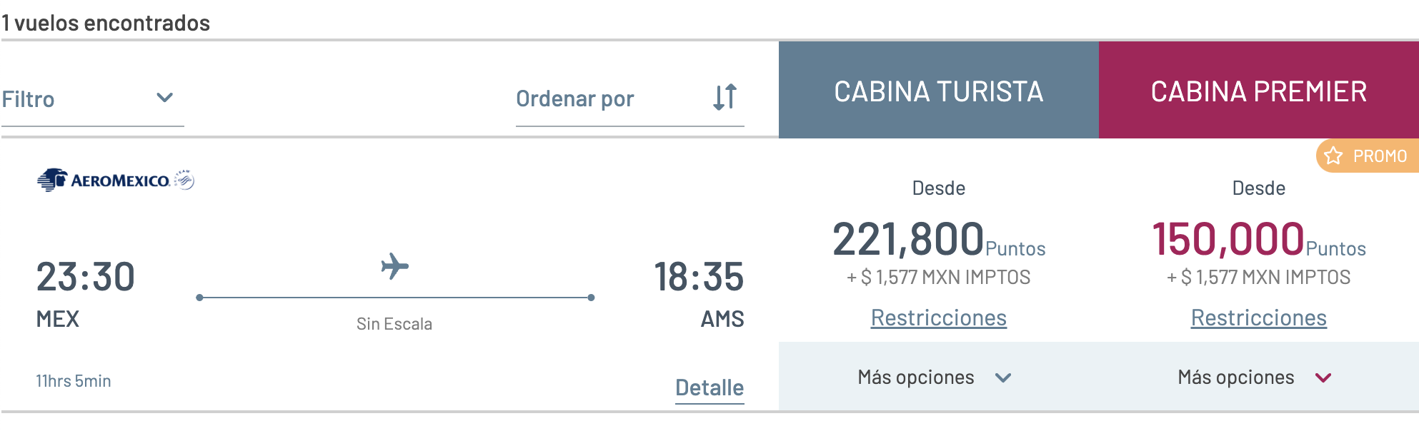 Aeromexico award from MEX to AMS.
