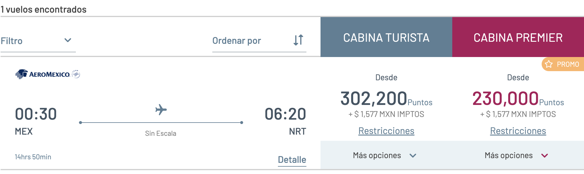 Aeromexico award from MEX to NRT.