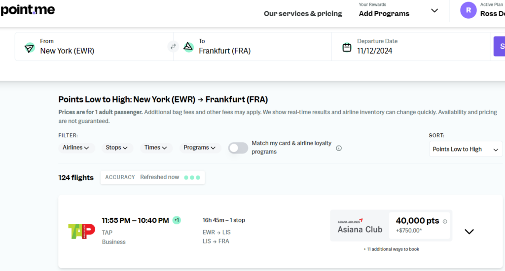 Point.me search results for EWR to FRA in business class.
