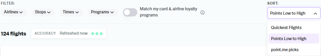 Point.me filter and sort options