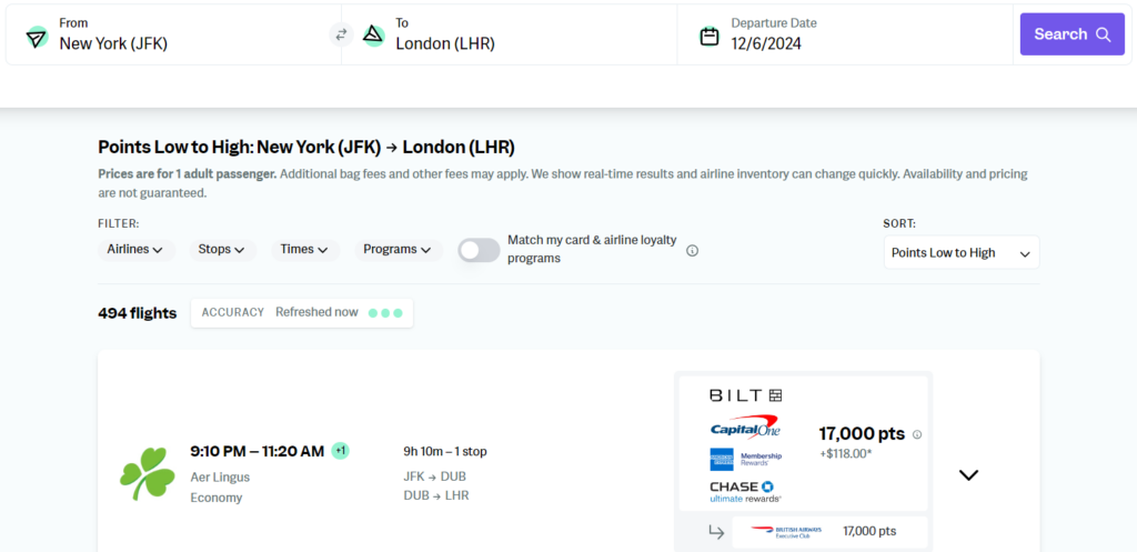 Point.me JFK to LHR search results