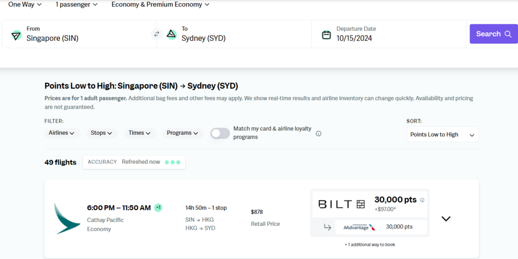 Point.me SIN to SYD search results.