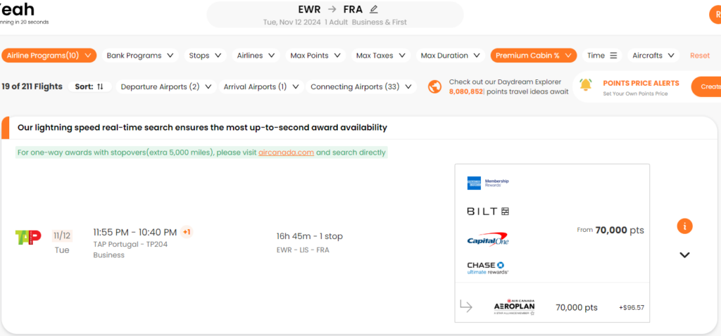 PointsYeah search results for EWR to FRA in business class.