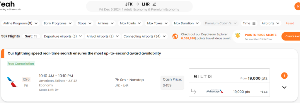 PointsYeah JFK to LHR search results