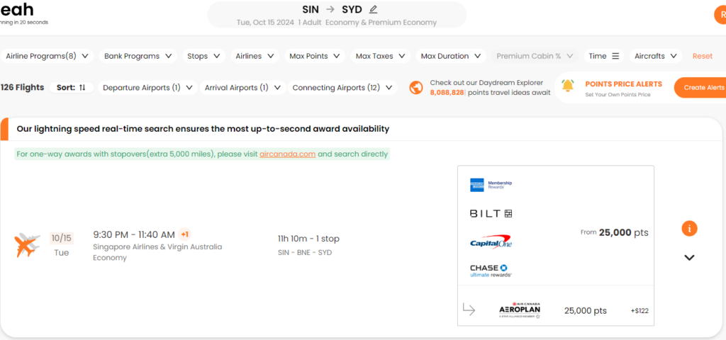 PointsYeah SIN to SYD search results.