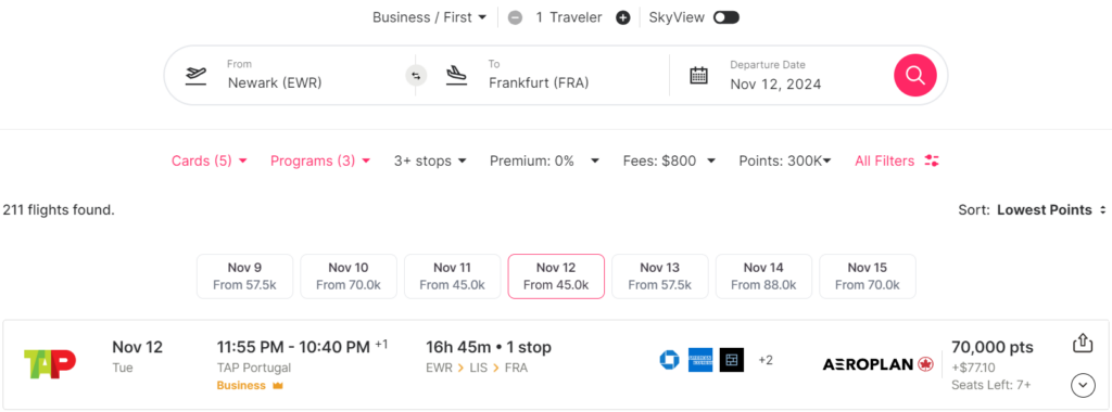Roame.Travel award search results from EWR to FRA in business class.