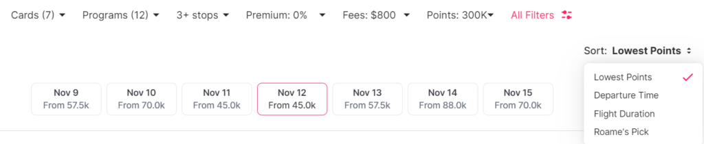 Roame.Travel filter and sort options