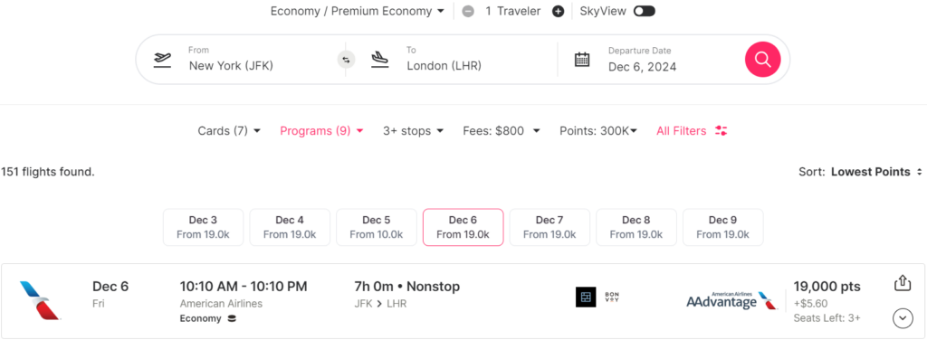 Roame.Travel JFK to LHR search results