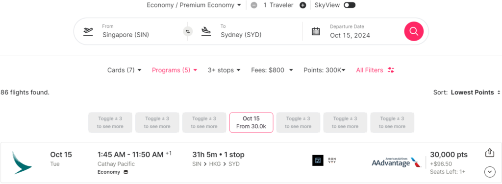 Roame.Travel SIN to SYD search results.