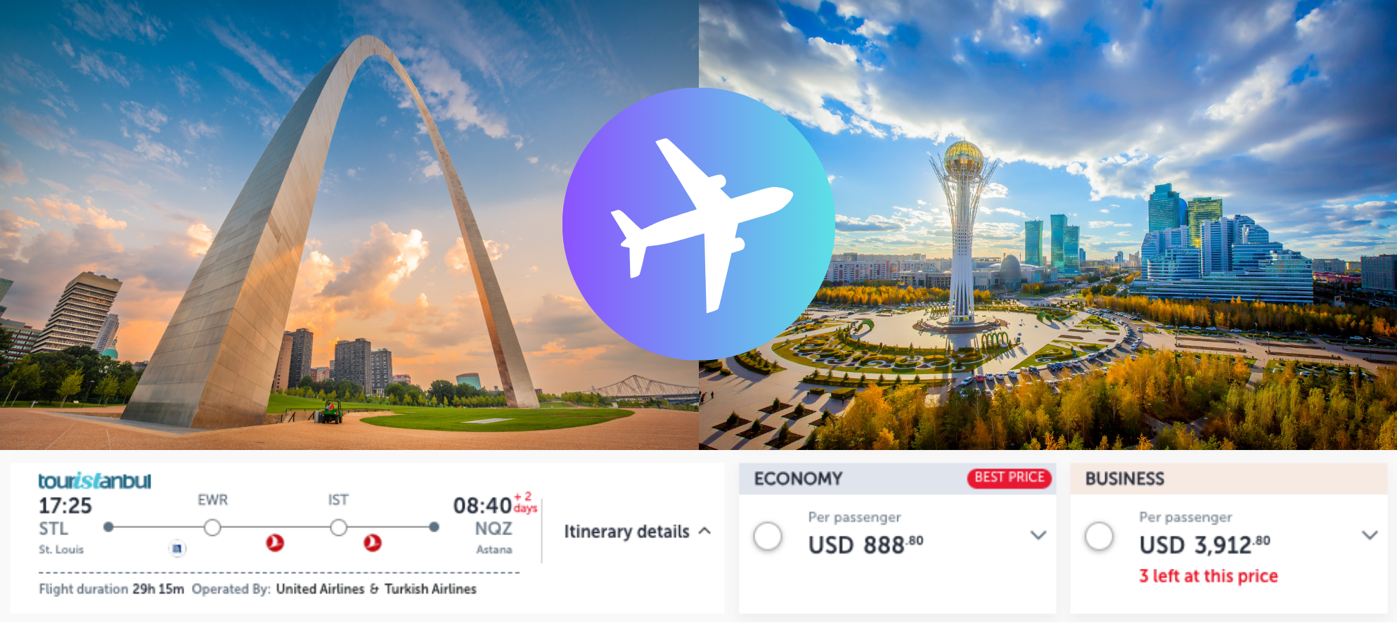 An infographic showing the Gateway Arch in St. Louis, Missouri on the left and the skyline of Astana, Kazakhstan on the right. A screenshot of a flight itinerary is shown at the bottom of the image.