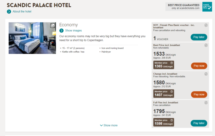 Screen shot of the Scandic Hotels booking page showing both voucher and chase prices for a rooms at Scandic Palace in Copenhagen.