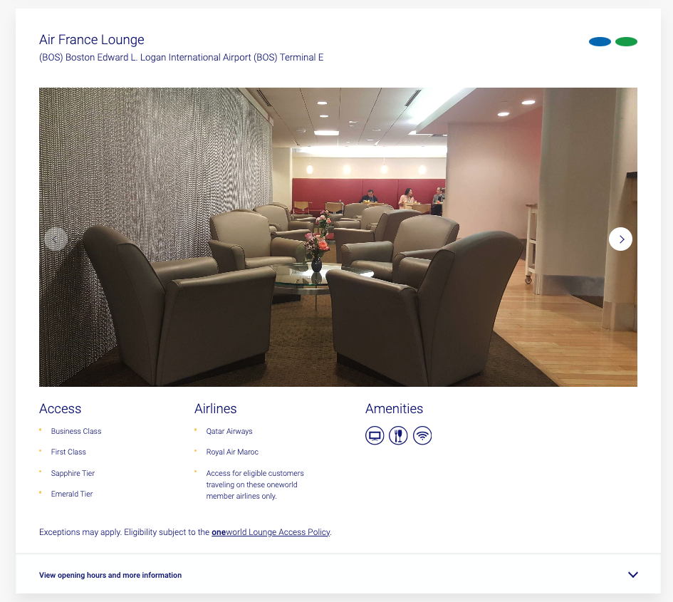 A screenshot from the Oneworld alliance website that shows the Air France Lounge at Boston-Logan Airport as part of the Oneworld network of lounges.