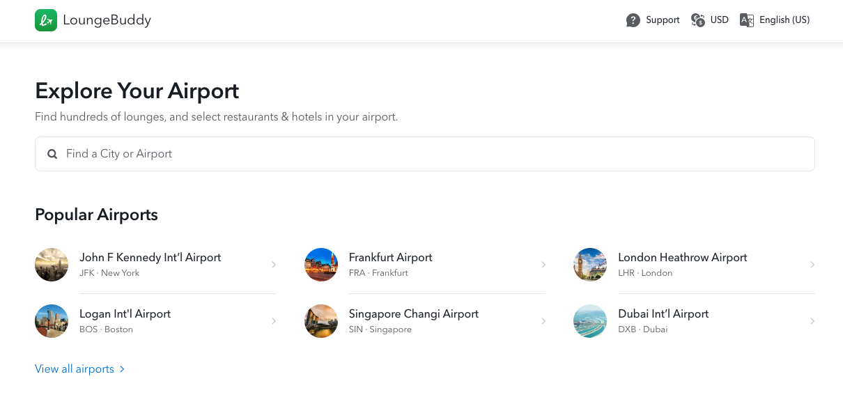A screenshot of the LoungeBuddy website showing various popular airports, the navigation bar, and a search bar.