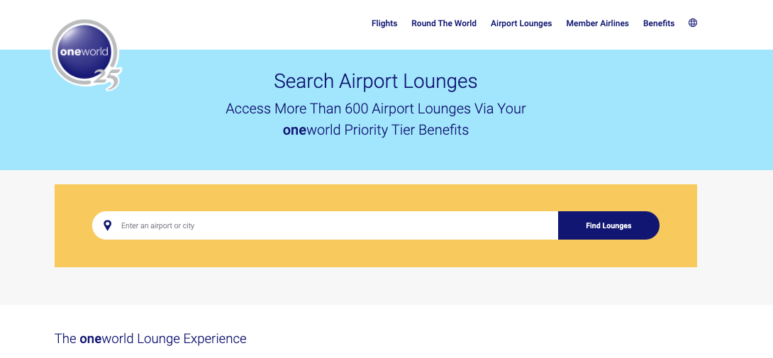 A screenshot of the Oneworld Alliance website showing a search bar, logo, and navigation bar.