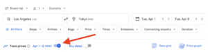 screenshot of google flights searching for flights from LAX to HND with a red arrow showing how to track the prices