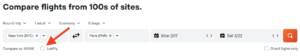 Screenshot of a search on the Kayak website to find flights from New York to Paris