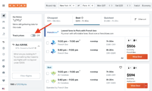 screenshot of a search on the Kayak website showing flight options from New York to Paris with a red arrow pointing to the price tracker toggle