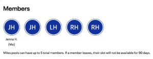 screenshot showing United points pooling with five members with their initials in blue circles