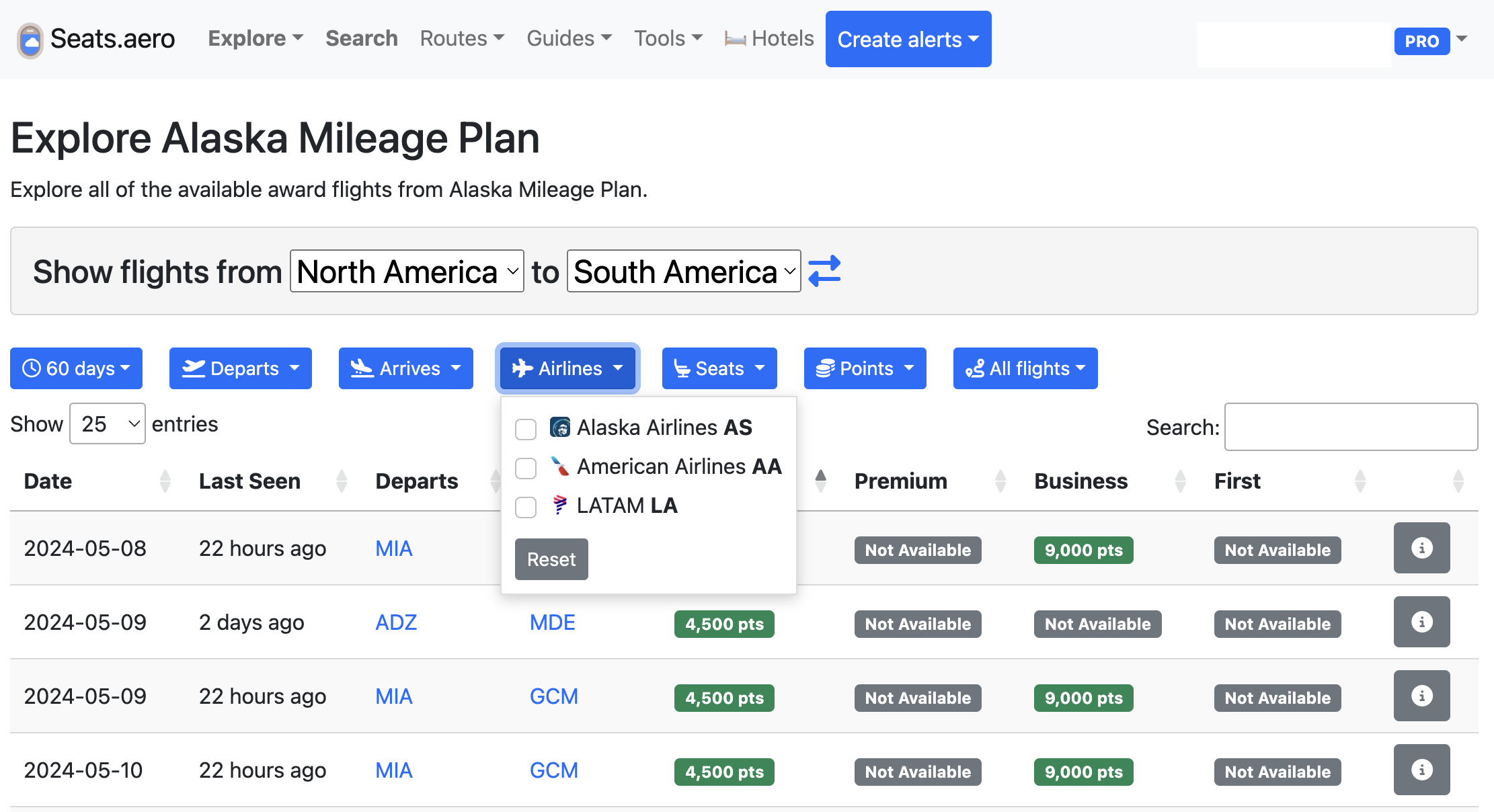 Seats.aero Mileage Plan landing page.