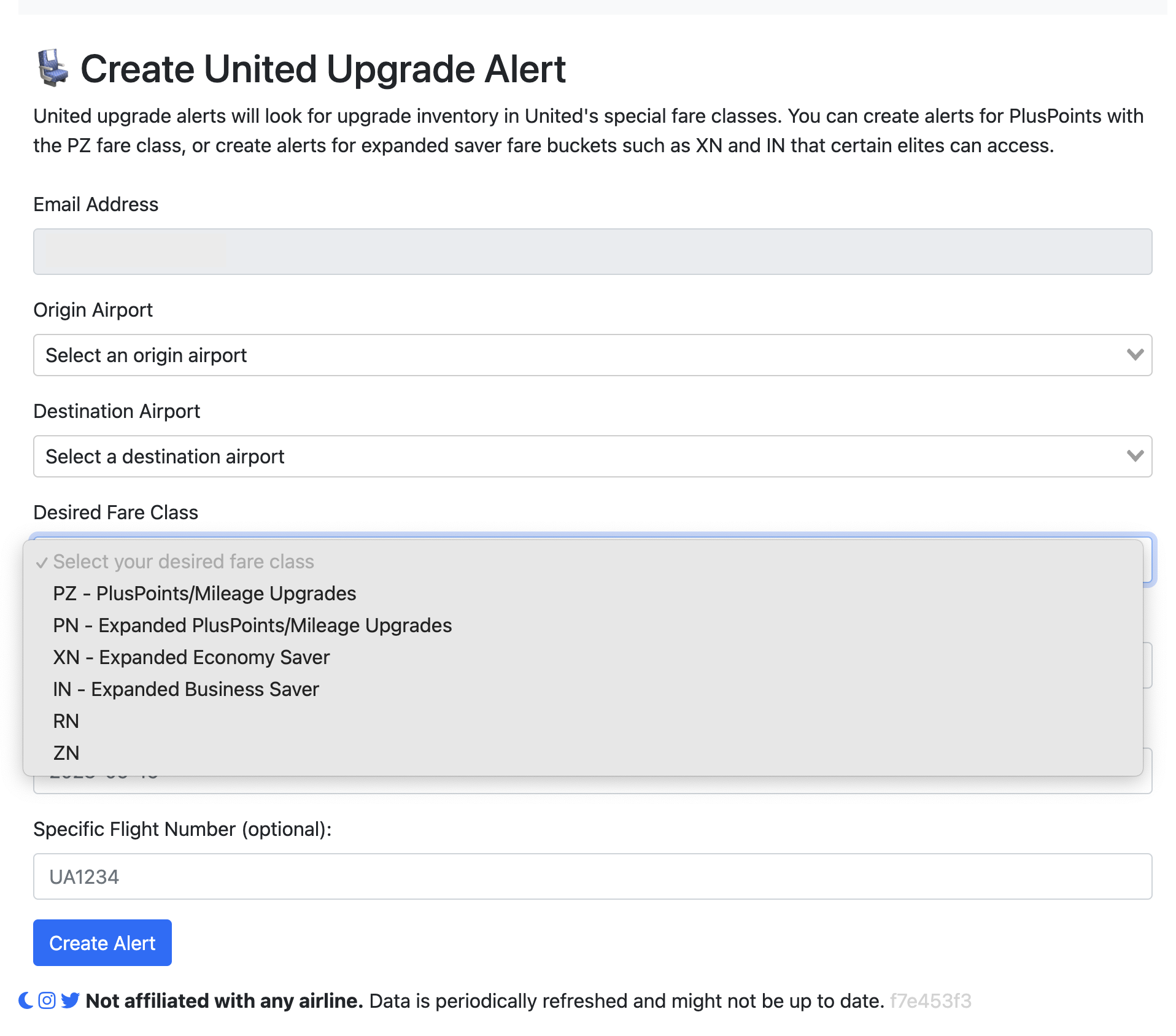 Seats.aero alert page for United upgrades