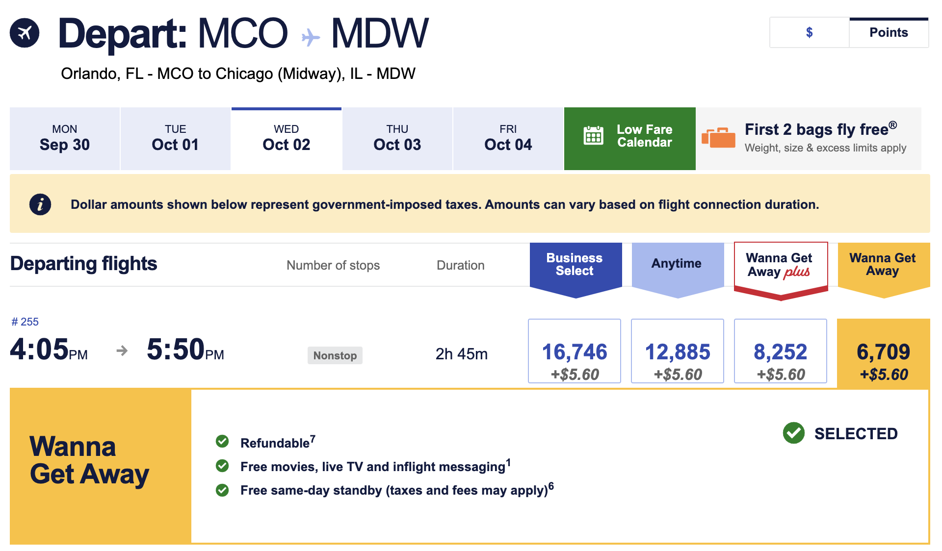 Southwest itinerary from MCO to ORD