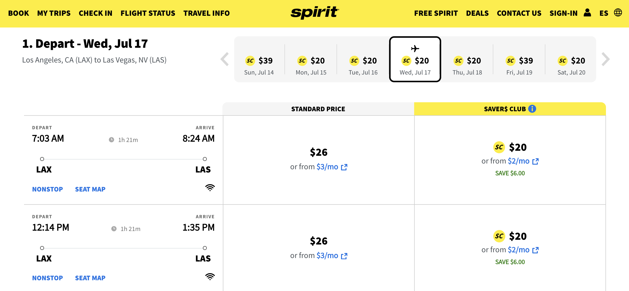 Spirit Itinerary from LAX to LAS for $20 or $26