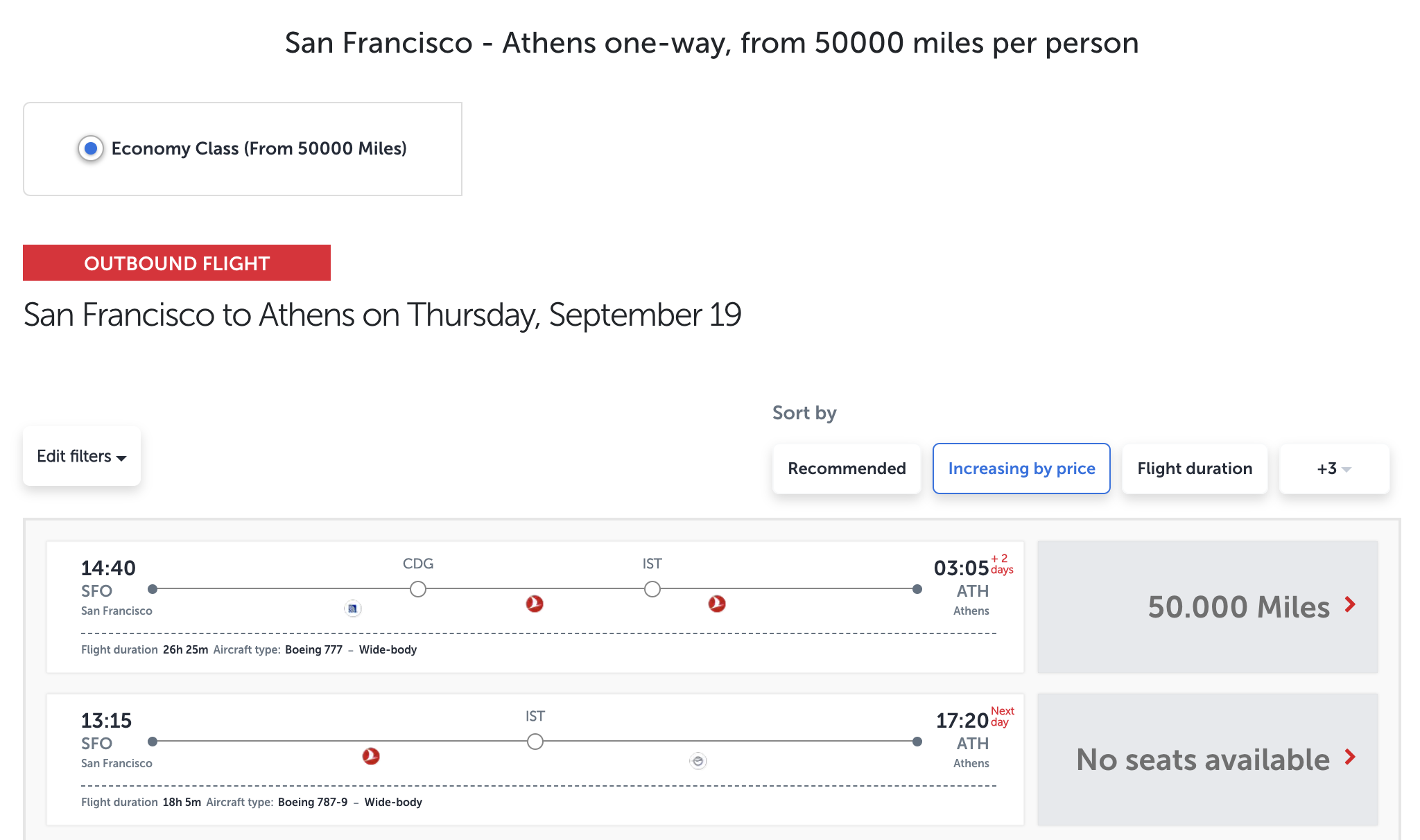 Turkish Airlines SFO to ATH results