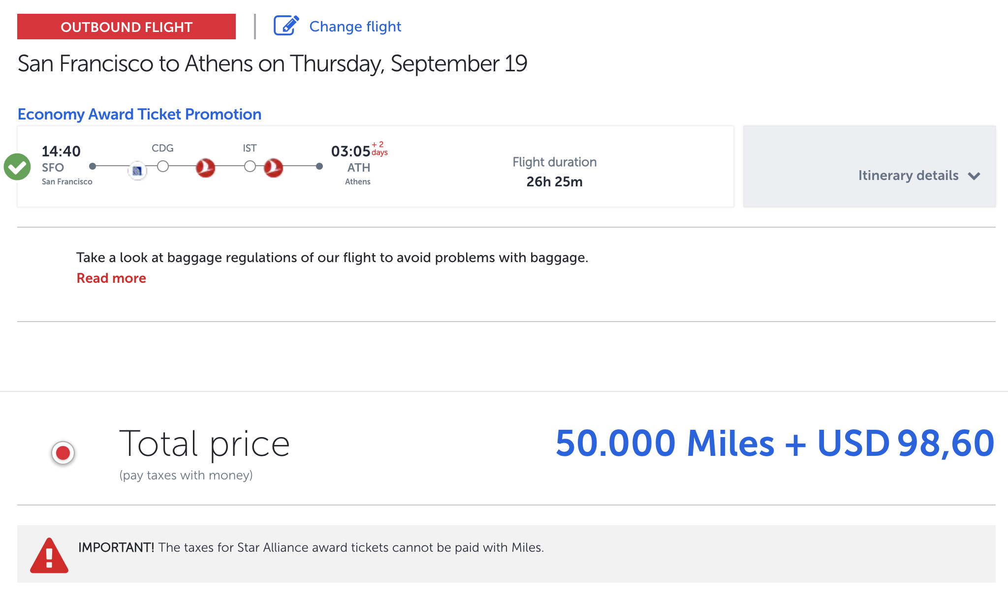Turkish airlines award from SFO to ATH