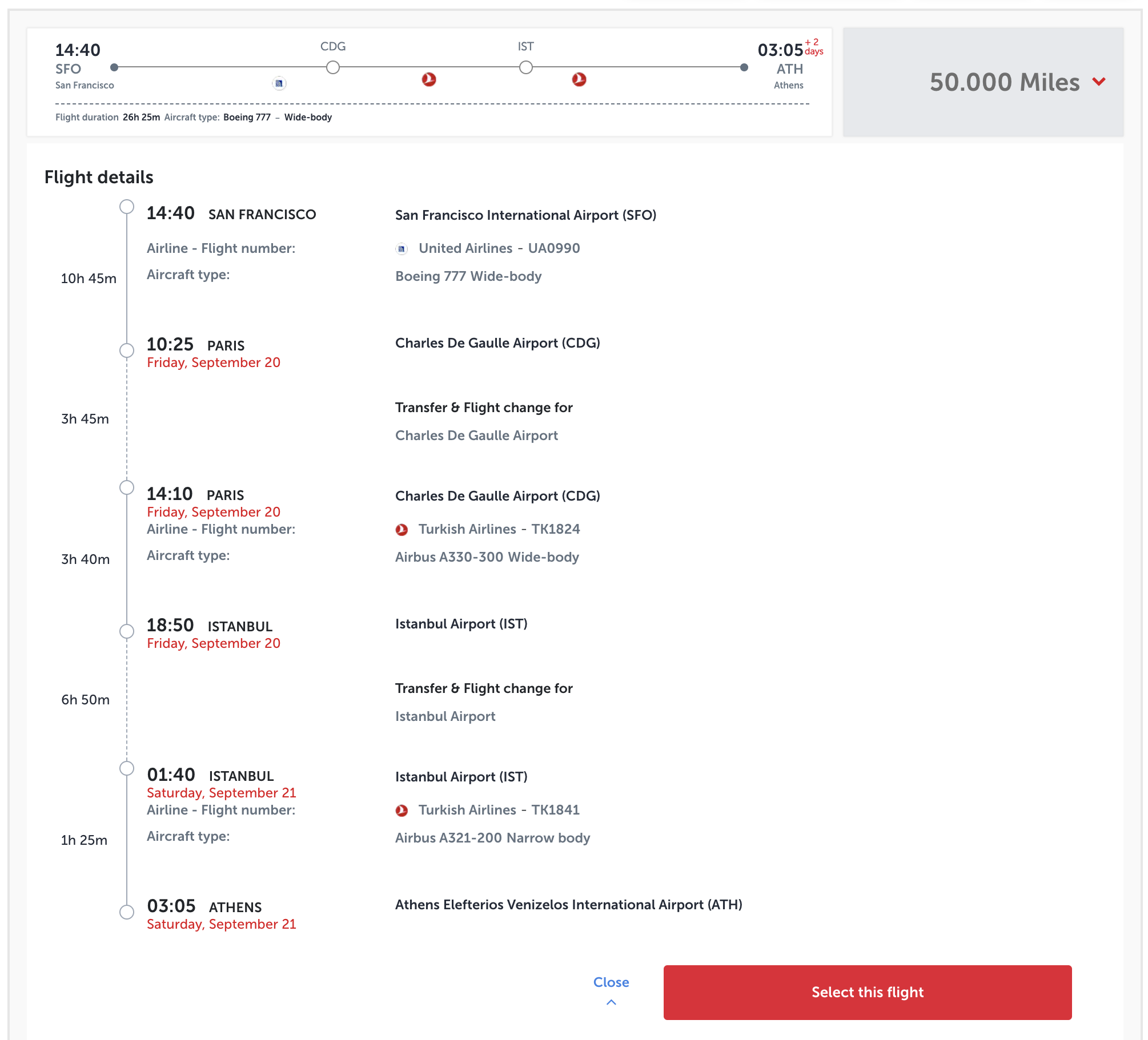 Turkish airline award from SFO to ATH