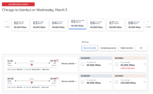 Screenshot of Turkish award pricing from Chicago to Istanbul