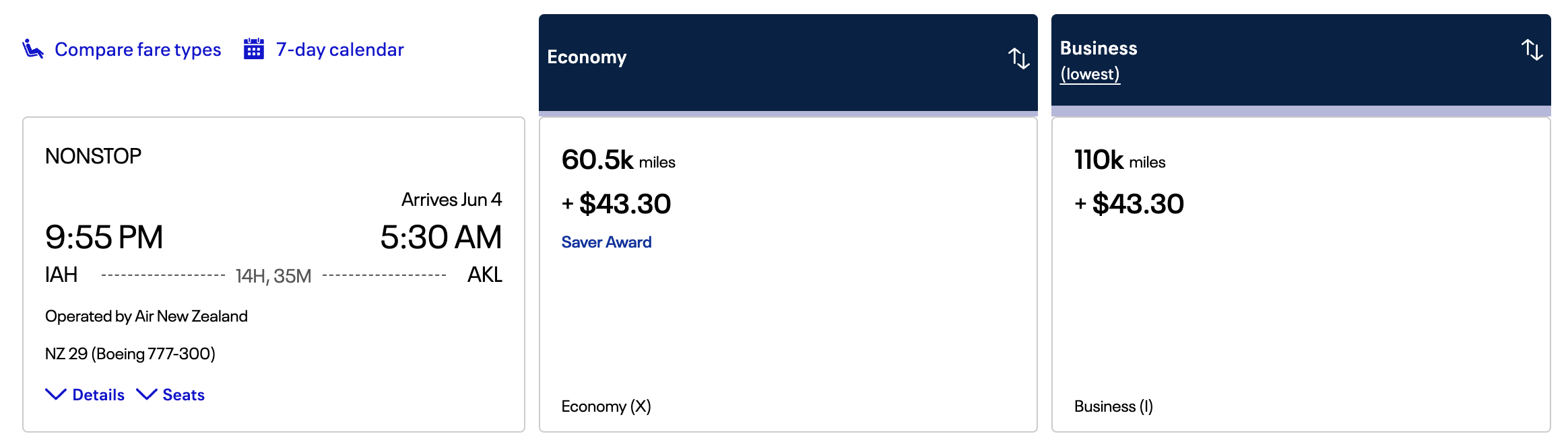 Air NZ award bookable through United.
