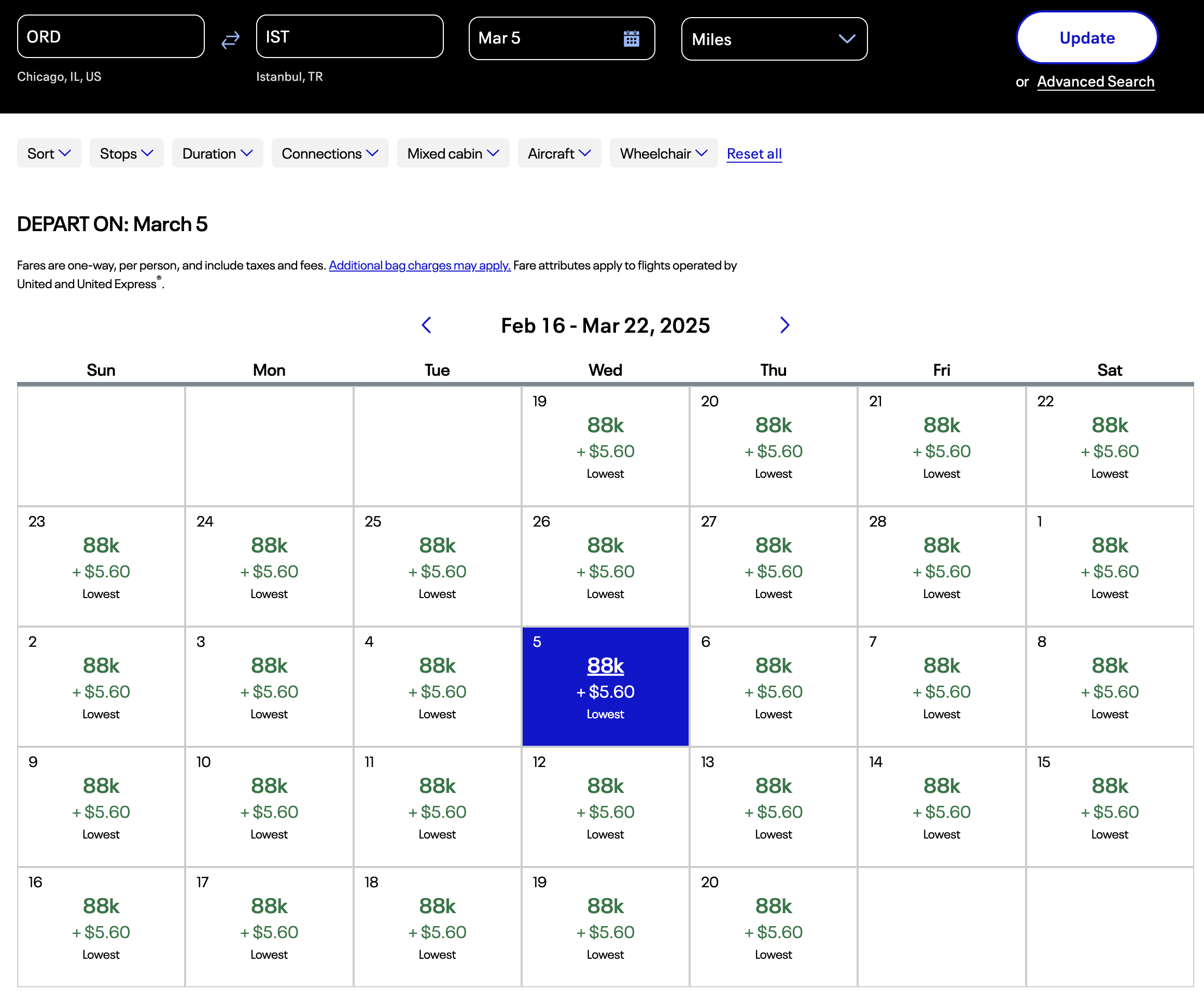 UA award calendar for ORD to IST