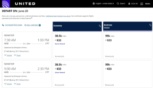 Screenshot of United MileagePlus award search results from Addis Ababa to Cape Town for 99,000 miles in business class