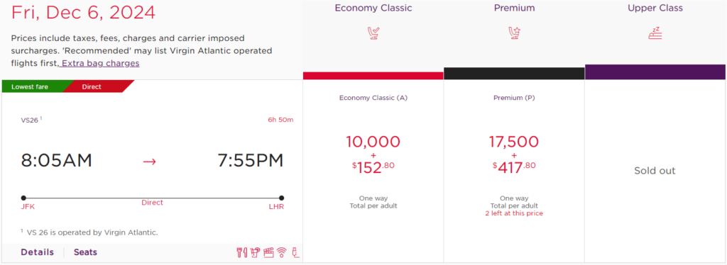 Virgin Atlantic Flying Club JFK to LHR search results