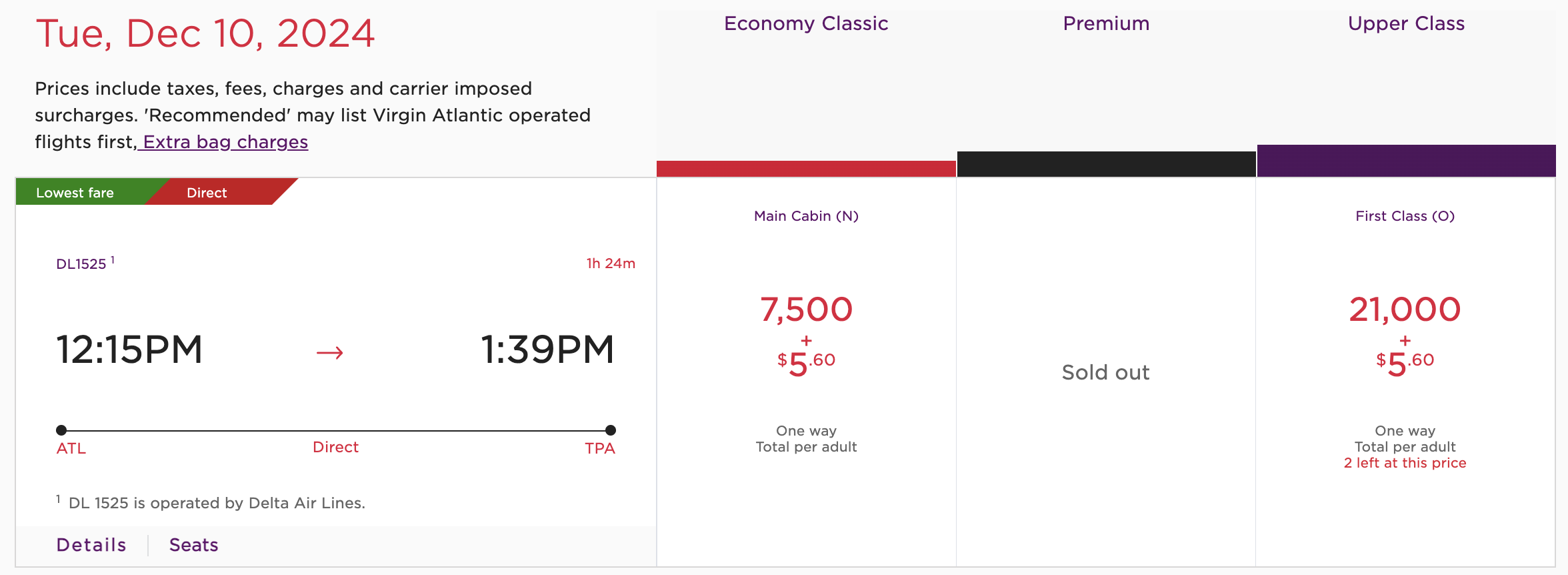 Delta award from ATL to TPA bookable through Virgin