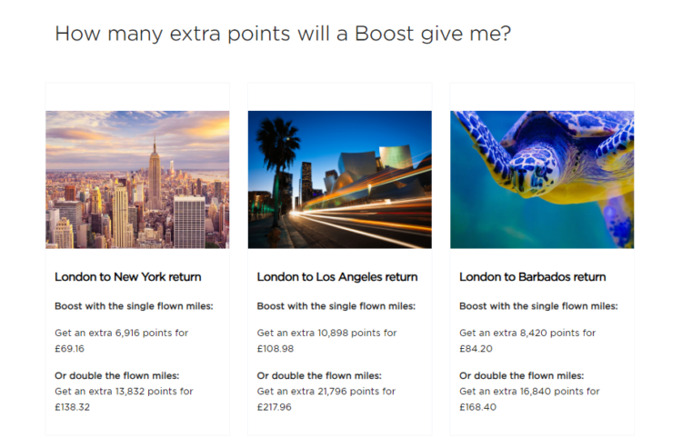 Screenshot of Virgin Atlantic's website showing Points Booster possibilties.