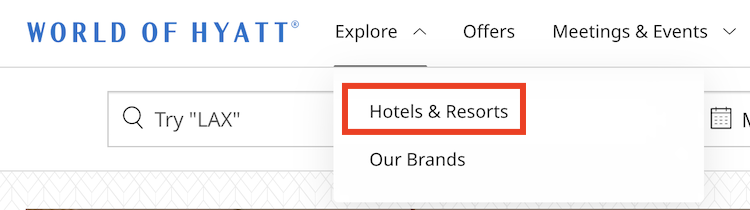 World of Hyatt home page menu to view map