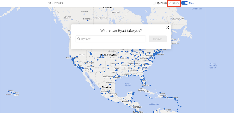 World of Hyatt property map with filters option
