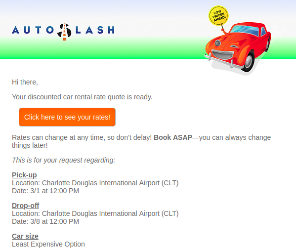 Autoslash rate quote email