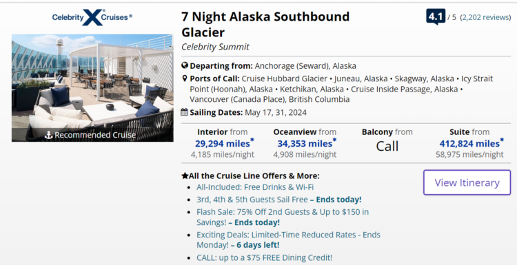 Booking option for booking a cruise on Celebrity with United MileagePlus miles.