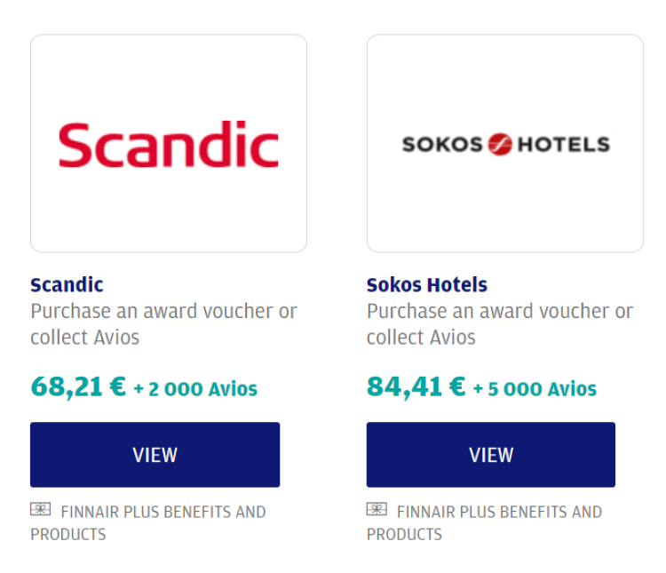 Screen shot from Finnair Shop, showing the offer to buy a voucher for Scandic and Sokos Hotels