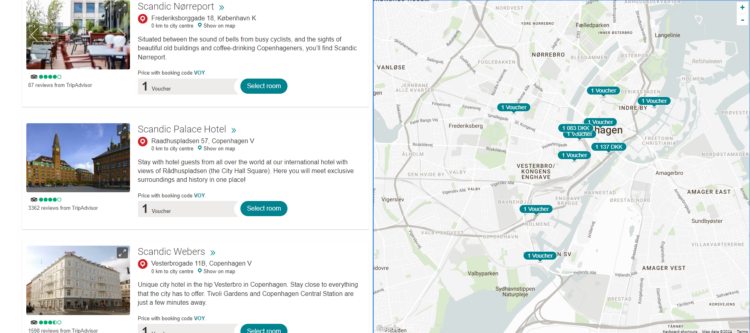 A screen shot of a search in Copenhagen using the VOY code shows multiple options.