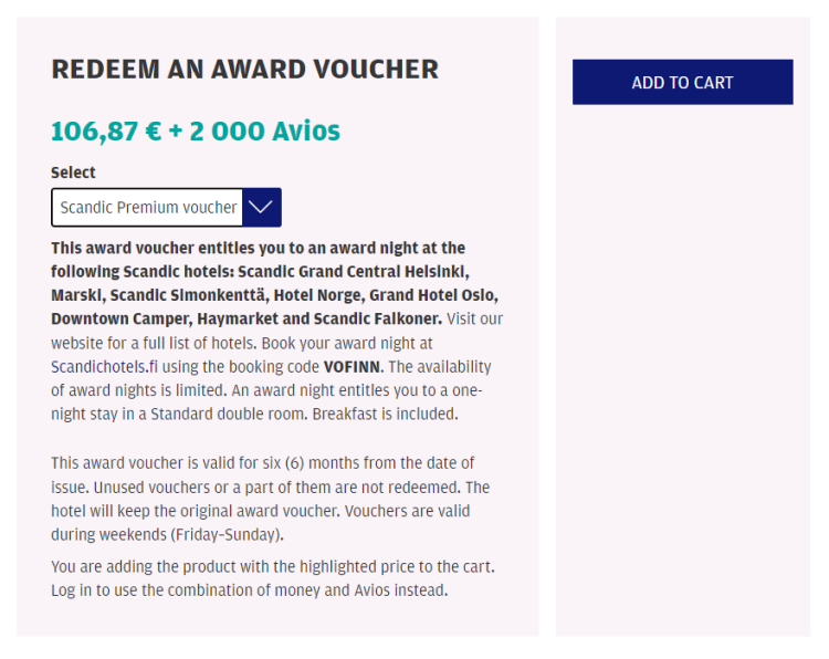 Screen shot from Finnair showing the terms for purchasing a Scandic premium voucher.