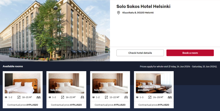 Screen shot of a Sokos Hotel booking page for Solo Sokos Helsinki showing a voucher redemption.