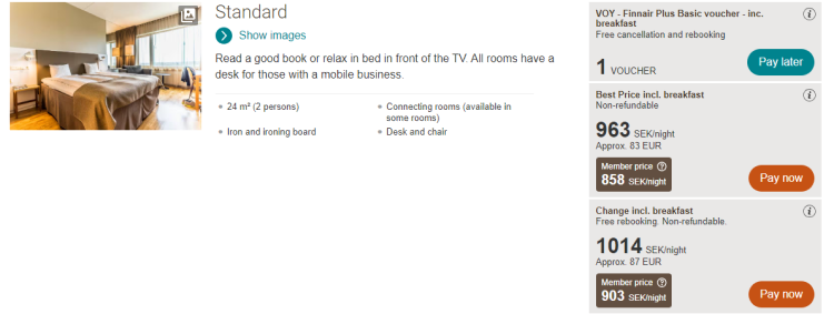 screen shot showing a booking screen for a Scandic Hotel in Stockholm