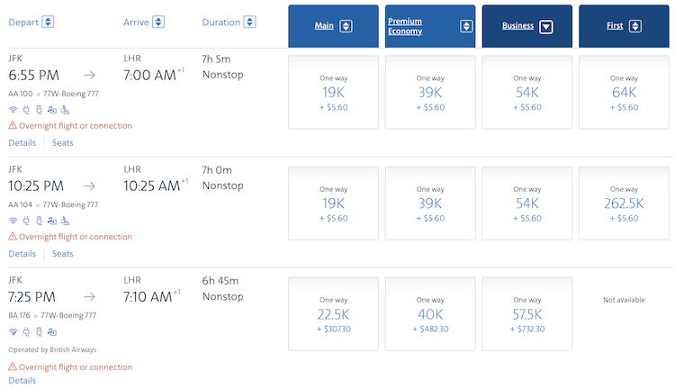 pricing comparison using AA miles for New York to London flights flying with AA vs flying with BA