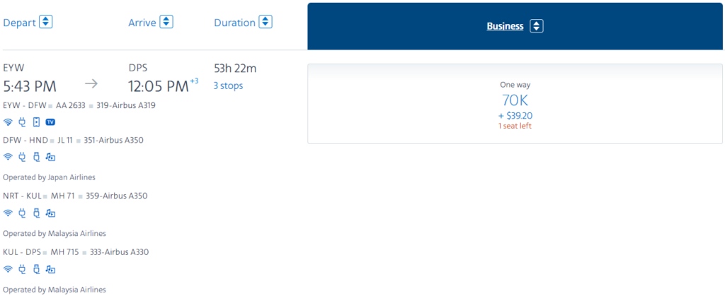 Business class itinerary from EYW to DPS in business class for 70,000 AA miles
