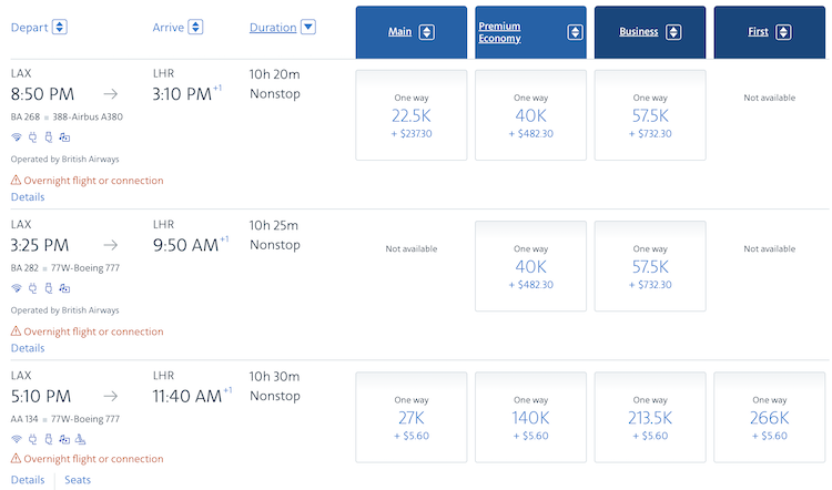 AAdvantage award LAX-LHR starting at 22,500 miles