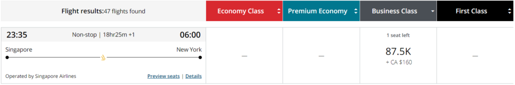 Aeroplan business class award from SIN to EWR direct.